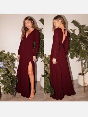 Lulu's Love You So, Chiffon, Burgundy Long Sleeve V-Neck, Open Back Maxi Dress
